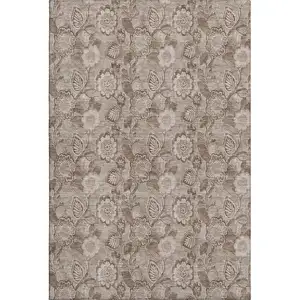 Photo of Brown And Taupe Floral Washable Area Rug With UV Protection