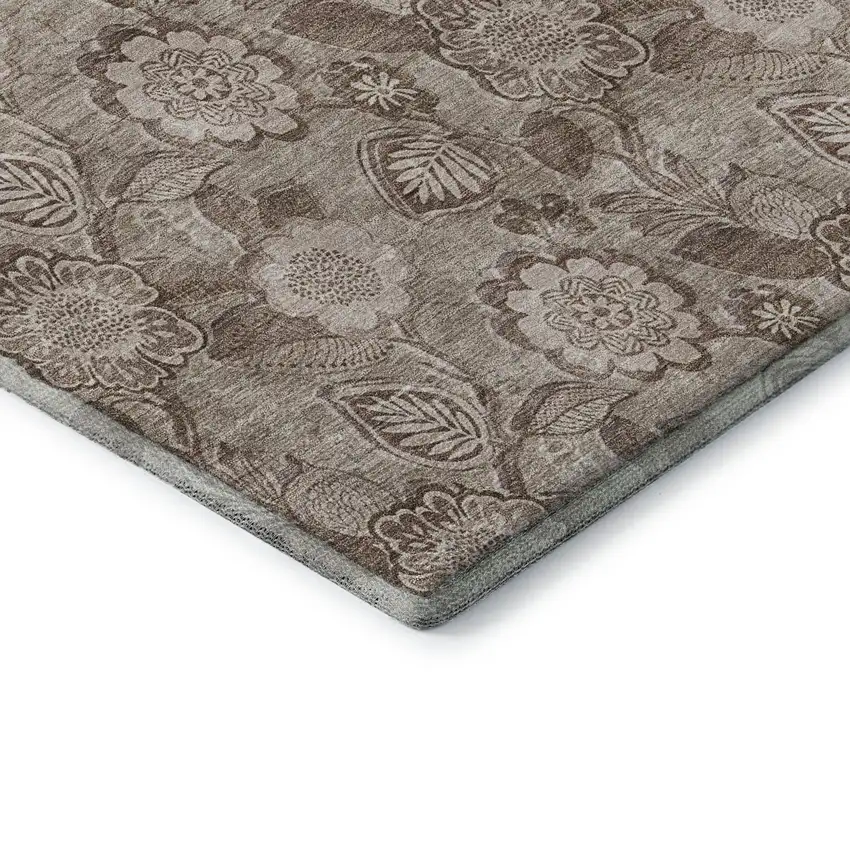 Brown And Taupe Floral Washable Area Rug With UV Protection Photo 8