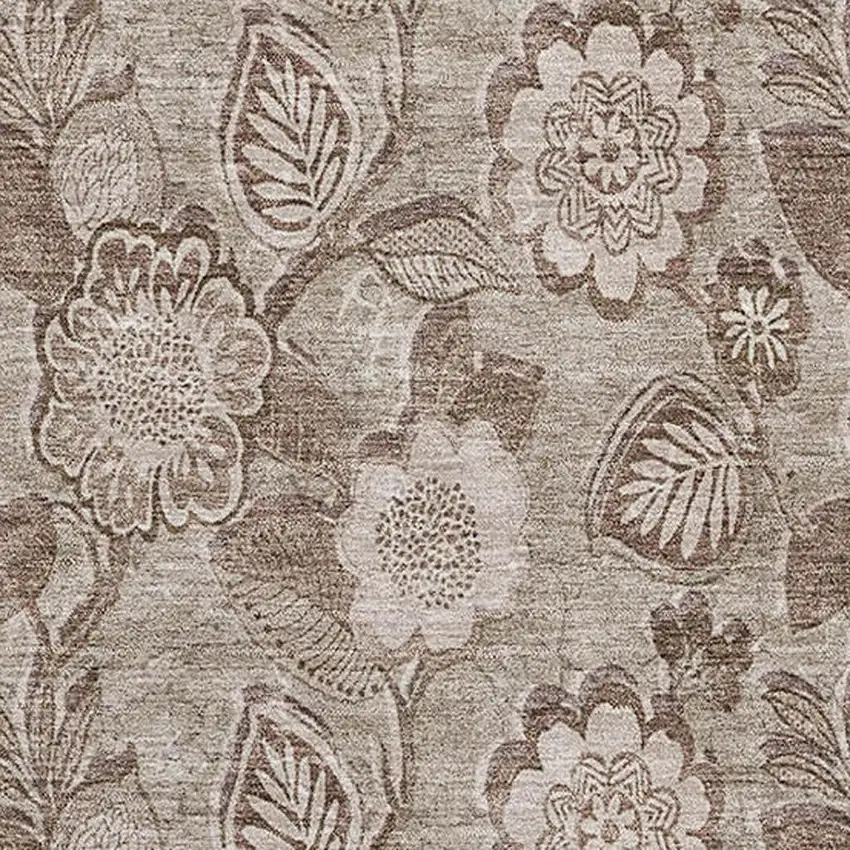 Brown And Taupe Floral Washable Area Rug With UV Protection Photo 3