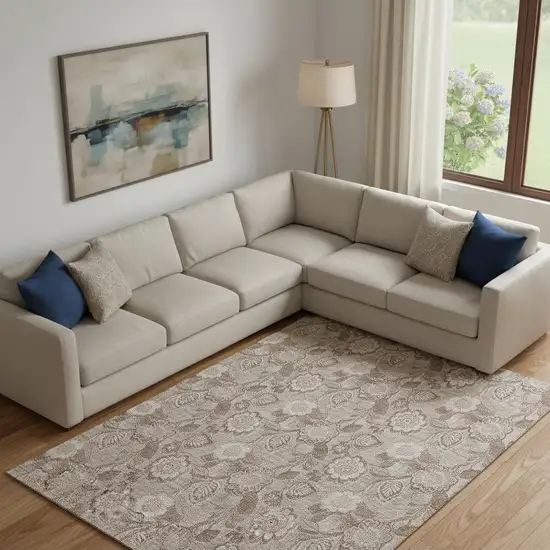 Brown And Taupe Floral Washable Area Rug With UV Protection Photo 2