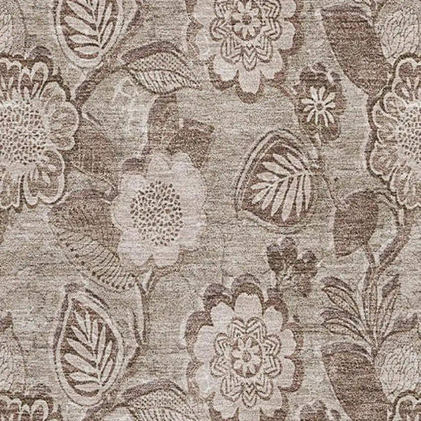 Brown And Taupe Floral Washable Area Rug With UV Protection Photo 3
