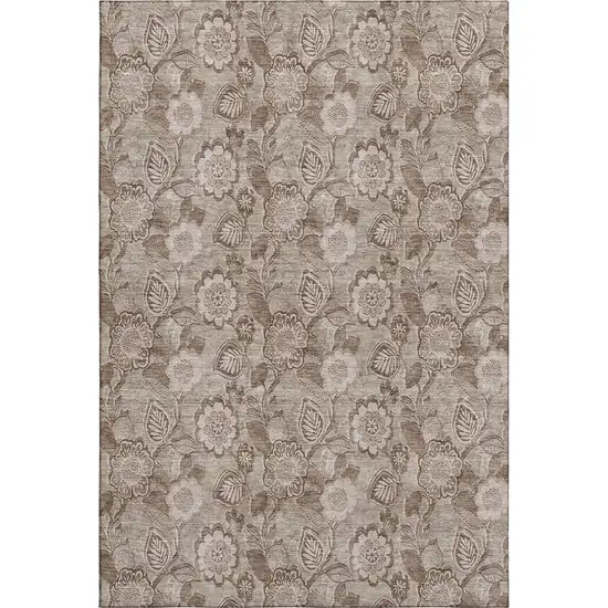 Brown And Taupe Floral Washable Area Rug With UV Protection Photo 1