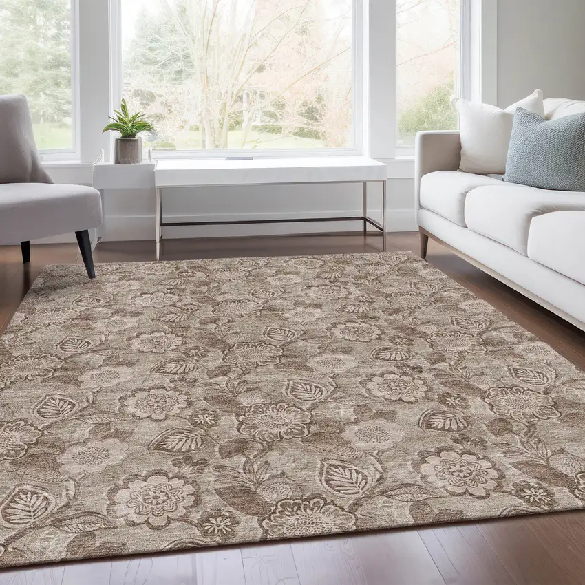 Brown And Taupe Floral Washable Indoor Outdoor Area Rug Photo 7