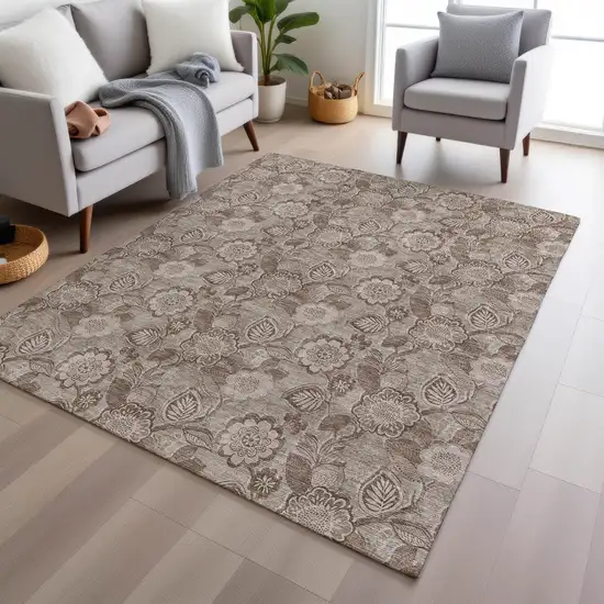 Brown And Taupe Floral Washable Indoor Outdoor Area Rug Photo 6