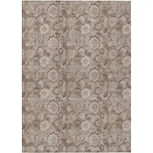 Photo of Brown And Taupe Floral Washable Indoor Outdoor Area Rug