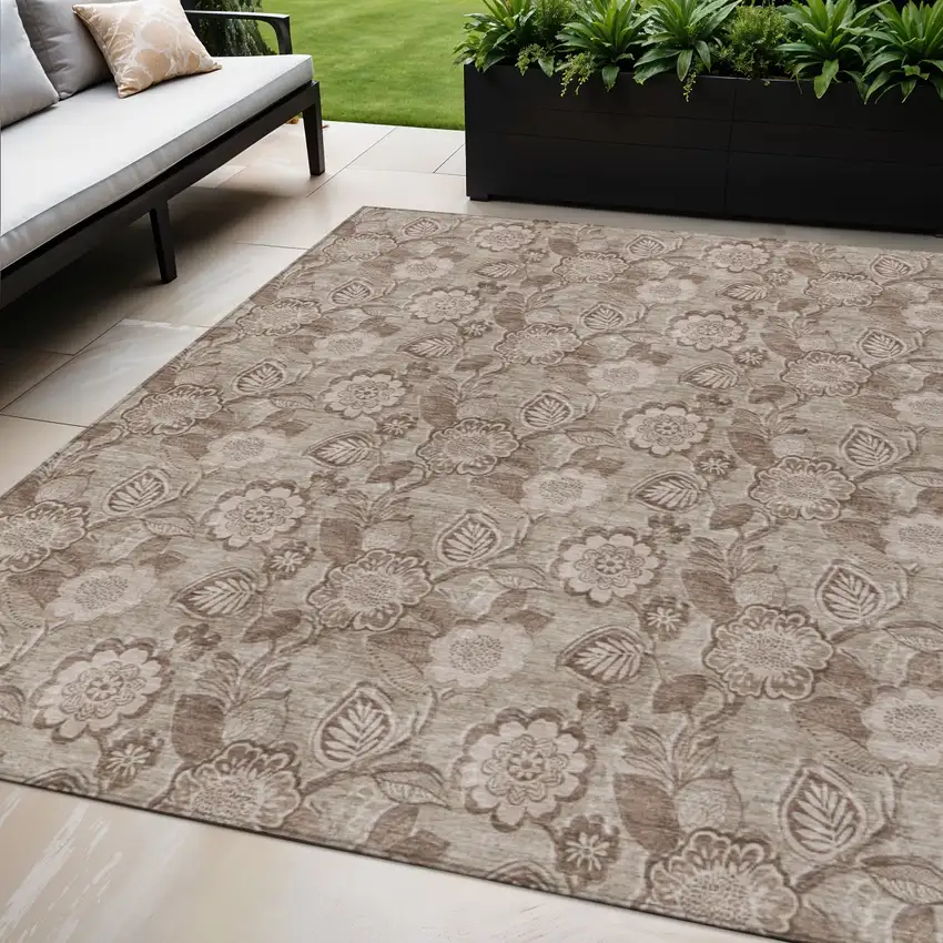 Brown And Taupe Floral Washable Indoor Outdoor Area Rug Photo 2