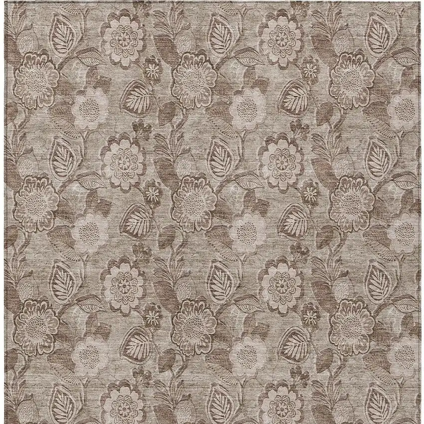 Brown And Taupe Floral Washable Indoor Outdoor Area Rug Photo 4
