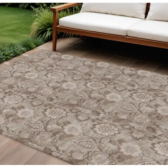Brown And Taupe Floral Washable Indoor Outdoor Area Rug Photo 2