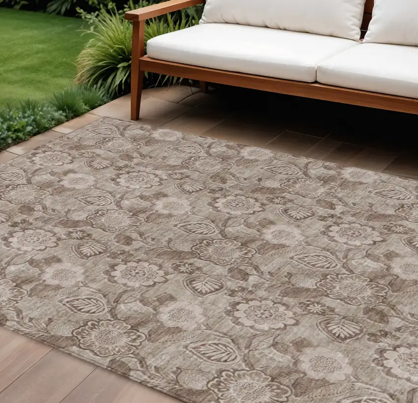 Brown And Taupe Floral Washable Indoor Outdoor Area Rug Photo 2