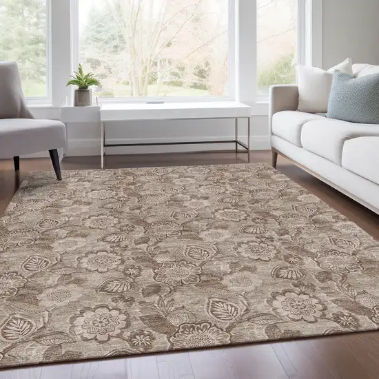 Brown And Taupe Floral Washable Indoor Outdoor Area Rug Photo 6