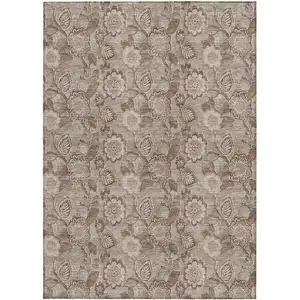 Photo of Brown And Taupe Floral Washable Indoor Outdoor Area Rug