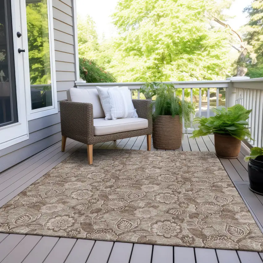 Brown And Taupe Floral Washable Indoor Outdoor Area Rug Photo 7