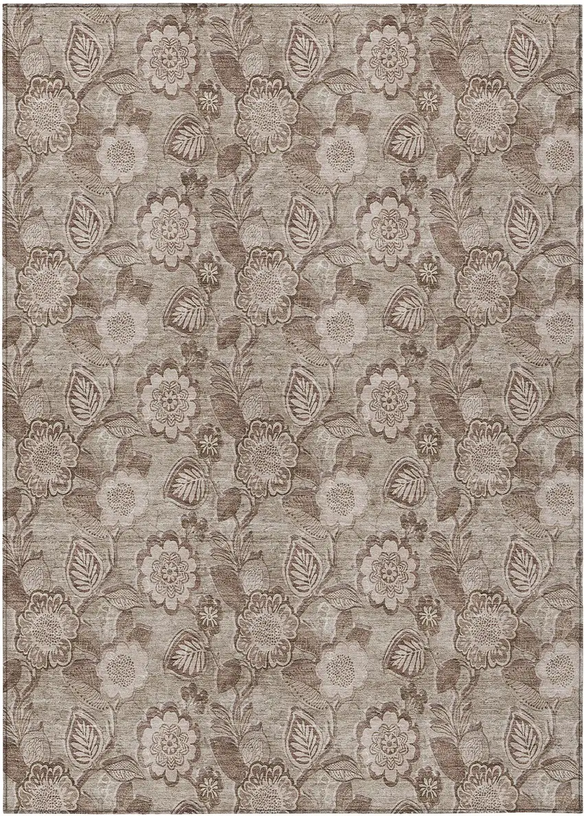 Brown And Taupe Floral Washable Indoor Outdoor Area Rug Photo 8