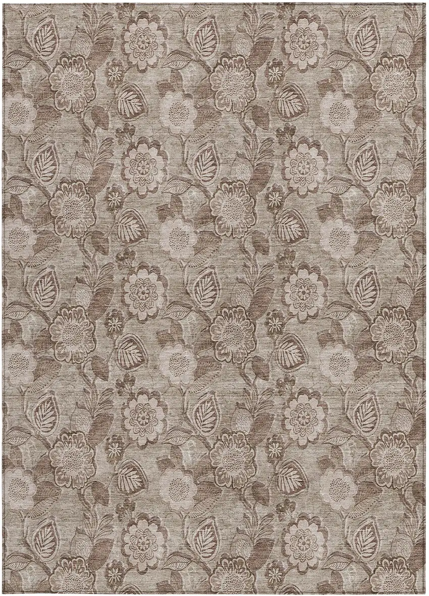 Brown And Taupe Floral Washable Indoor Outdoor Area Rug Photo 1