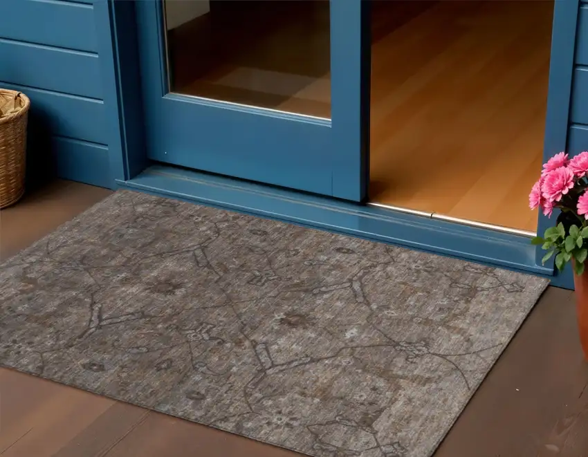 Brown And Taupe Floral Washable Indoor Outdoor Area Rug Photo 1