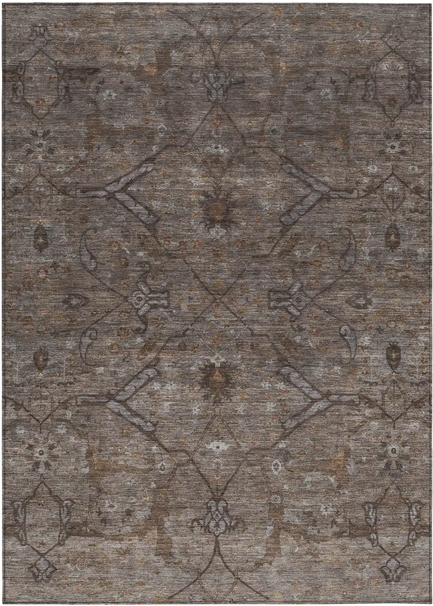 Brown And Taupe Floral Washable Indoor Outdoor Area Rug Photo 2