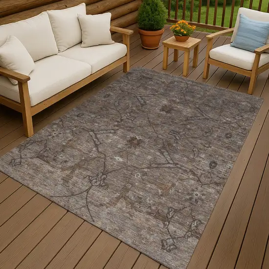 Brown And Taupe Floral Washable Indoor Outdoor Area Rug Photo 9