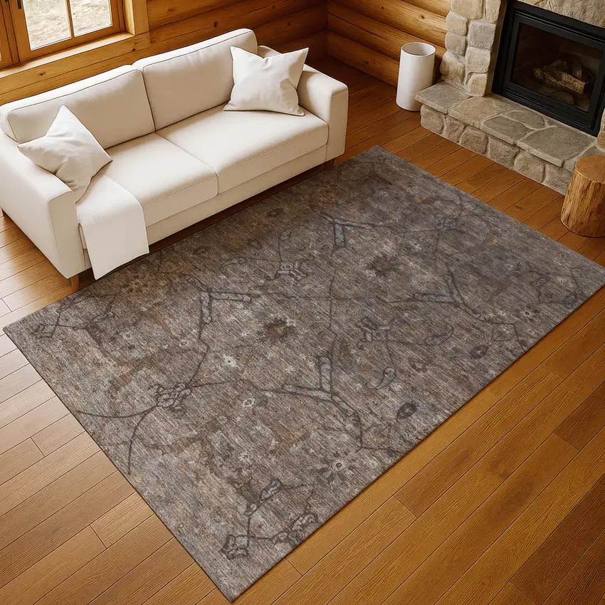 Brown And Taupe Floral Washable Indoor Outdoor Area Rug Photo 7