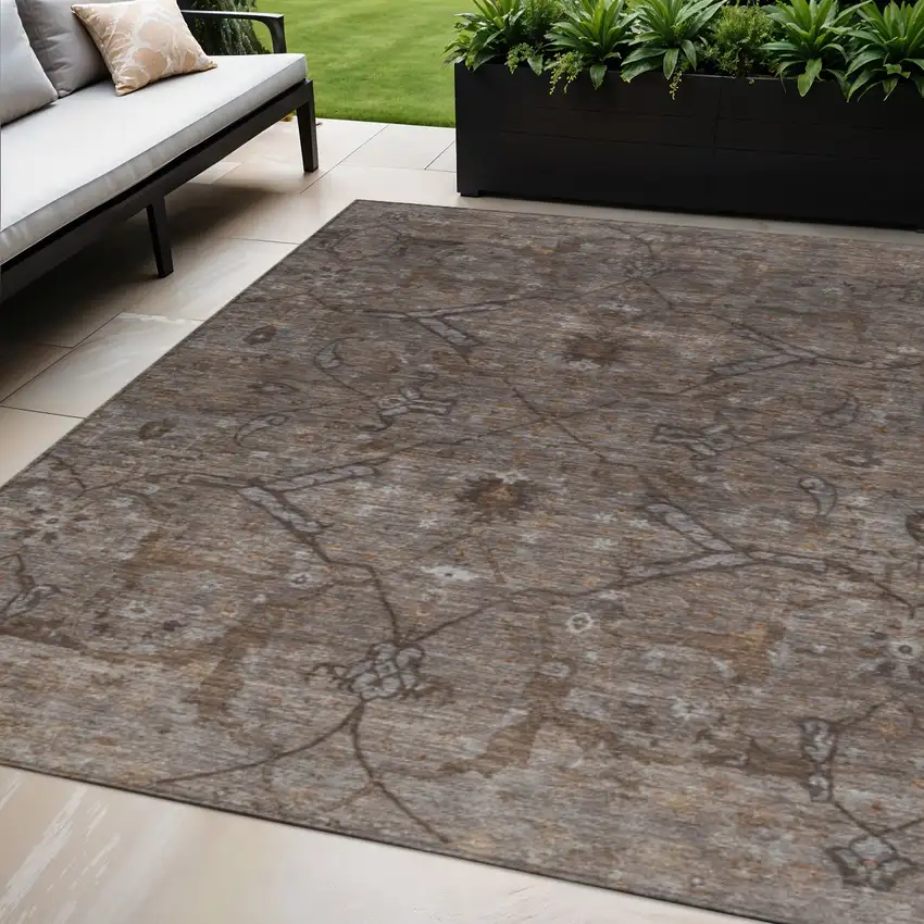 Brown And Taupe Floral Washable Indoor Outdoor Area Rug Photo 1