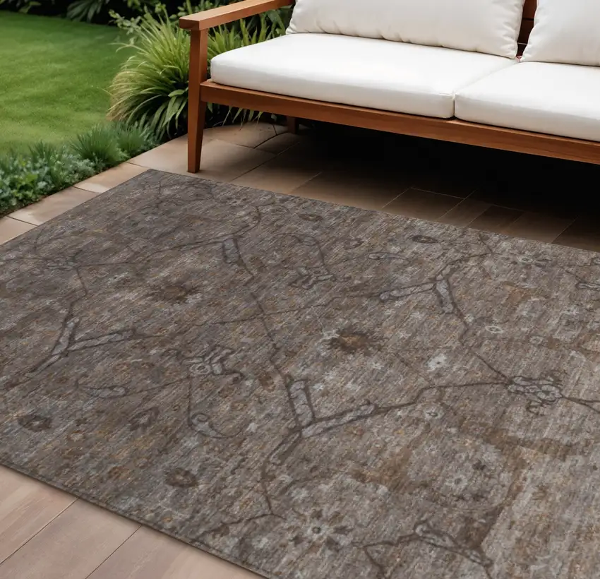 Brown And Taupe Floral Washable Indoor Outdoor Area Rug Photo 1
