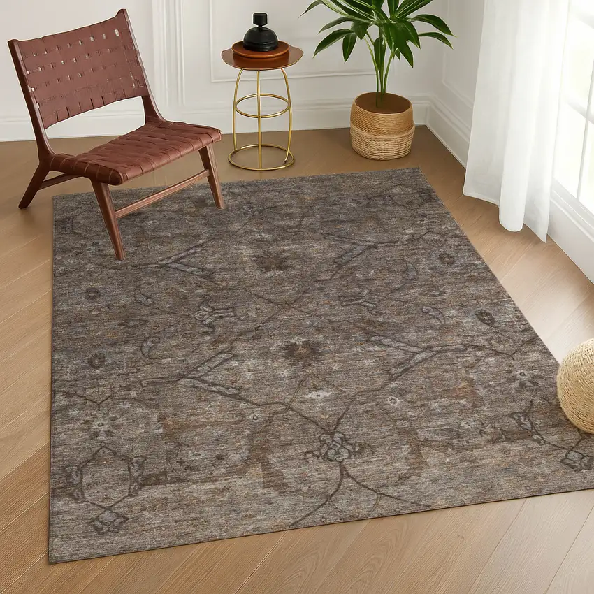 Brown And Taupe Floral Washable Indoor Outdoor Area Rug Photo 9