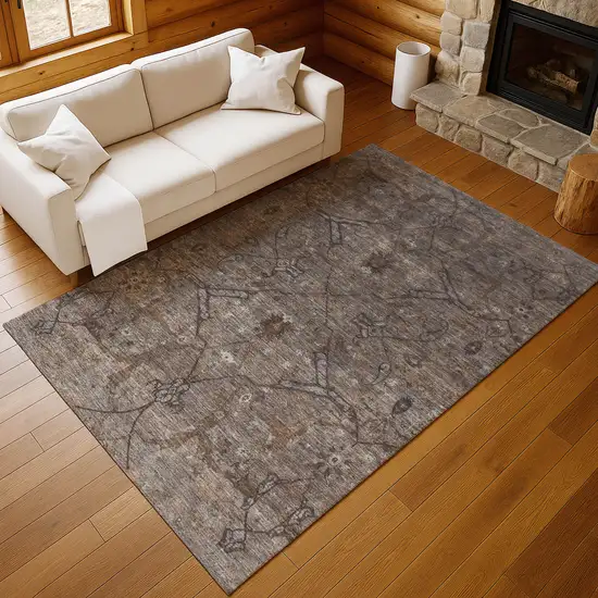 Brown And Taupe Floral Washable Indoor Outdoor Area Rug Photo 8