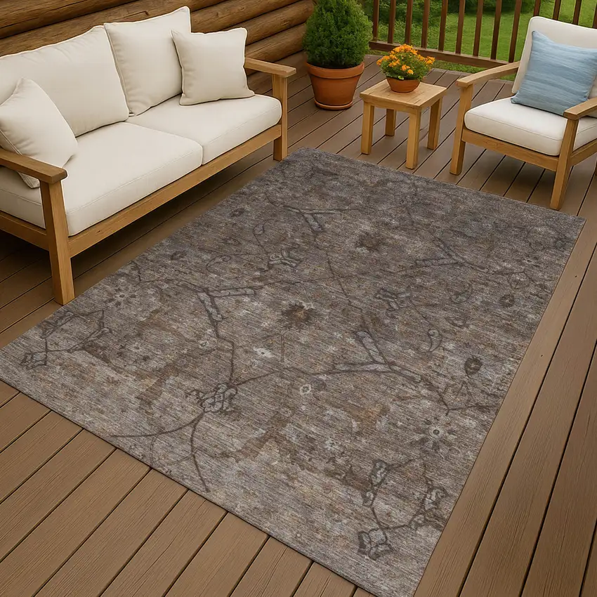 Brown And Taupe Floral Washable Indoor Outdoor Area Rug Photo 9