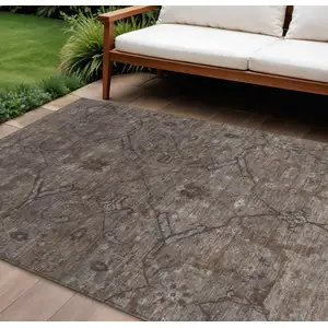 Photo of Brown And Taupe Floral Washable Indoor Outdoor Area Rug