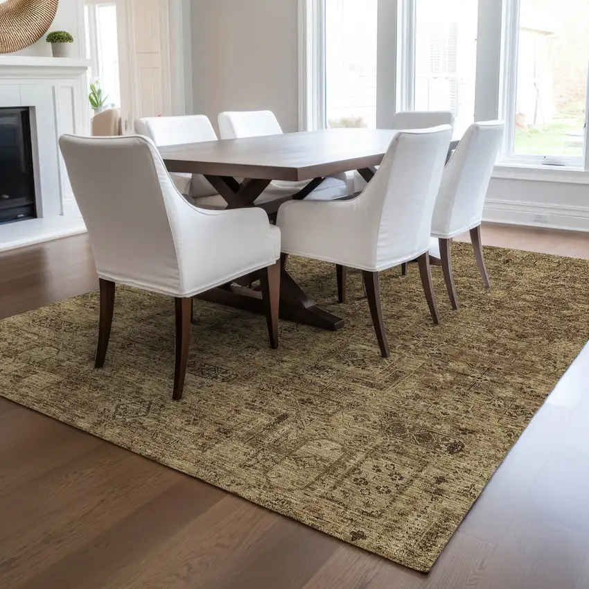 Brown And Taupe Floral Washable Indoor Outdoor Area Rug Photo 7
