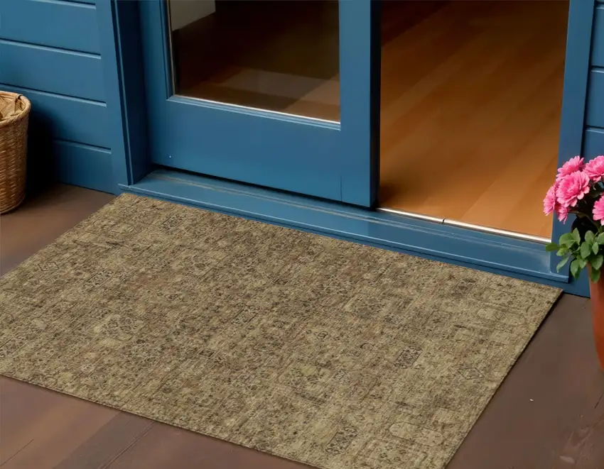 Brown And Taupe Floral Washable Indoor Outdoor Area Rug Photo 1
