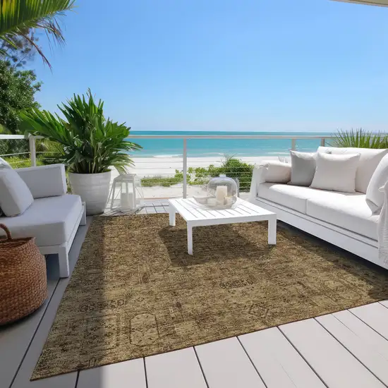 Brown And Taupe Floral Washable Indoor Outdoor Area Rug Photo 7
