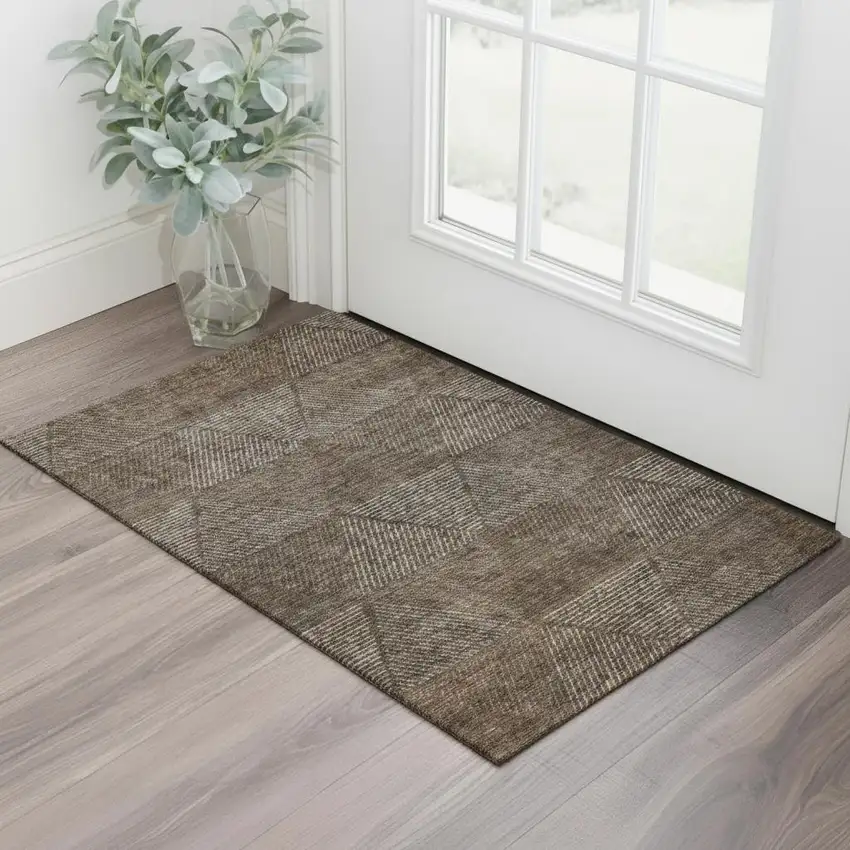 Brown And Taupe Geometric Washable Area Rug With UV Protection Photo 1