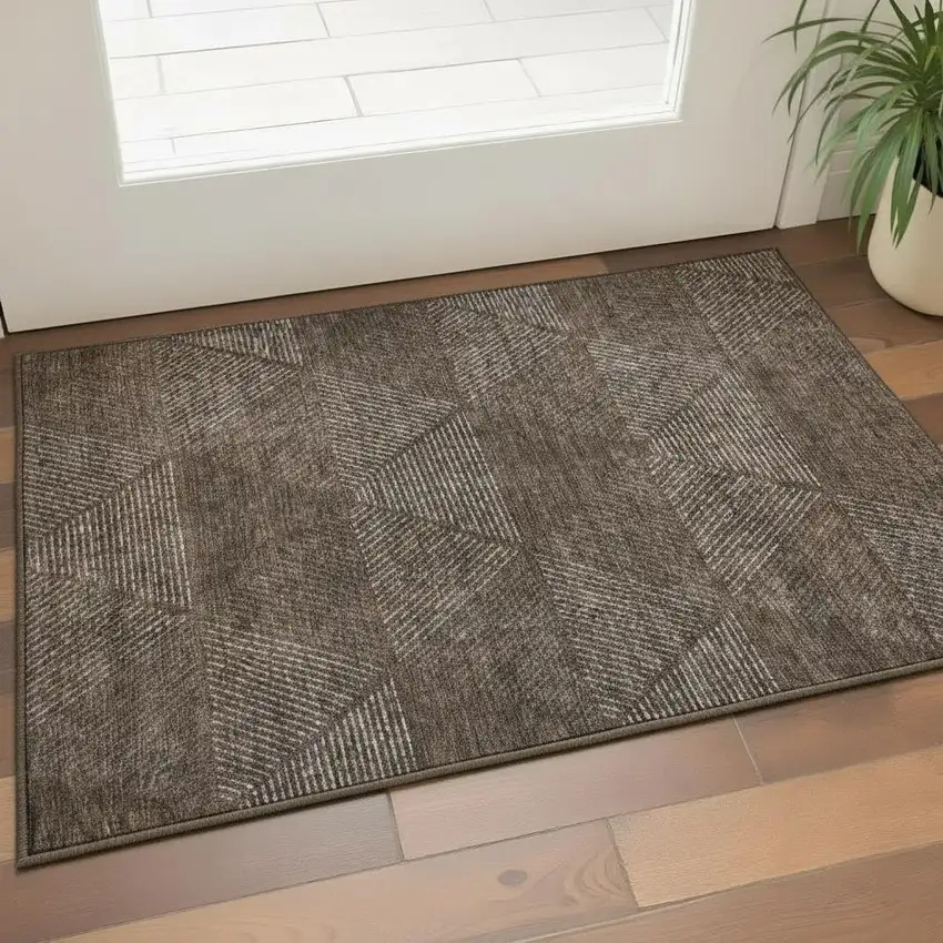 Brown And Taupe Geometric Washable Area Rug With UV Protection Photo 2