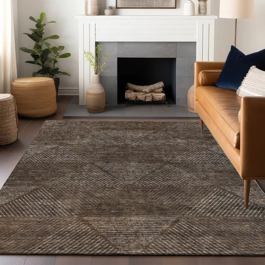 Brown And Taupe Geometric Washable Area Rug With UV Protection Photo 4