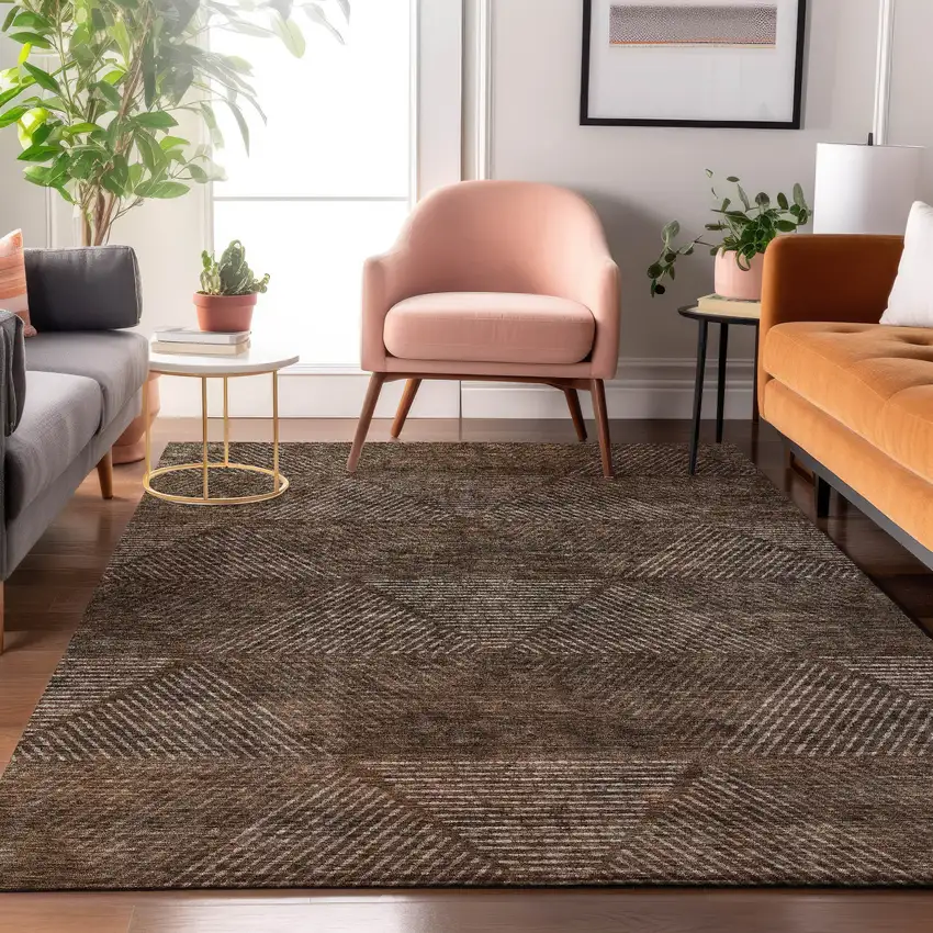 Brown And Taupe Geometric Washable Area Rug With UV Protection Photo 5