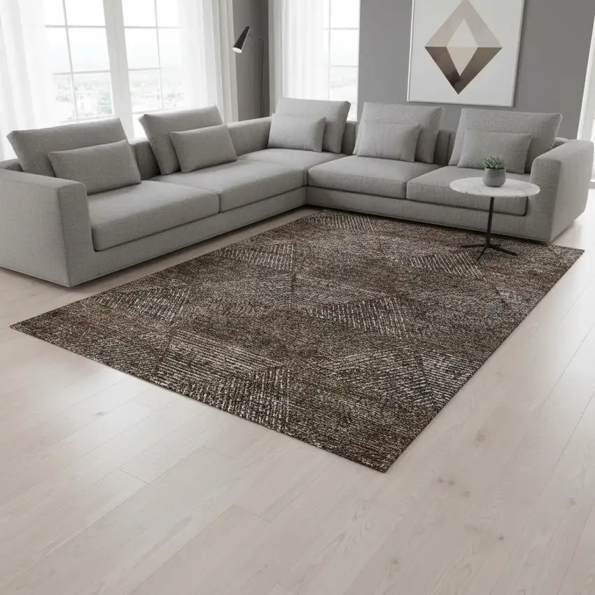 Brown And Taupe Geometric Washable Area Rug With UV Protection Photo 2