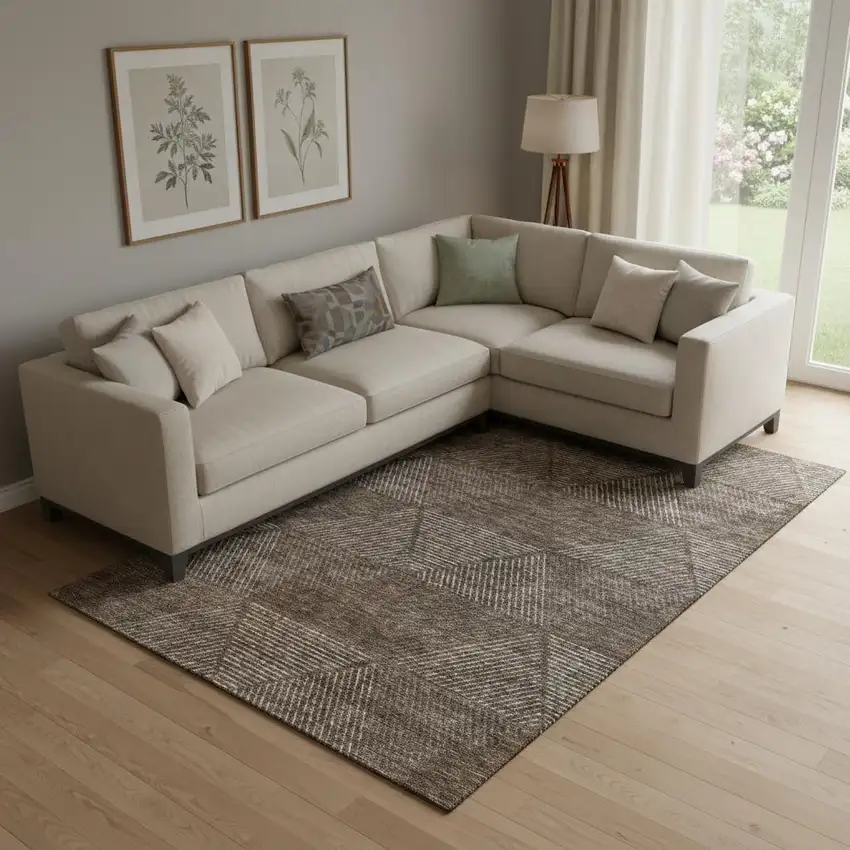 Brown And Taupe Geometric Washable Area Rug With UV Protection Photo 1