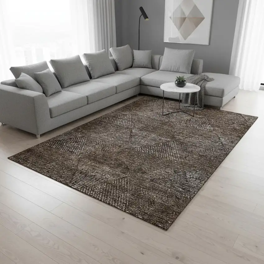 Brown And Taupe Geometric Washable Area Rug With UV Protection Photo 2