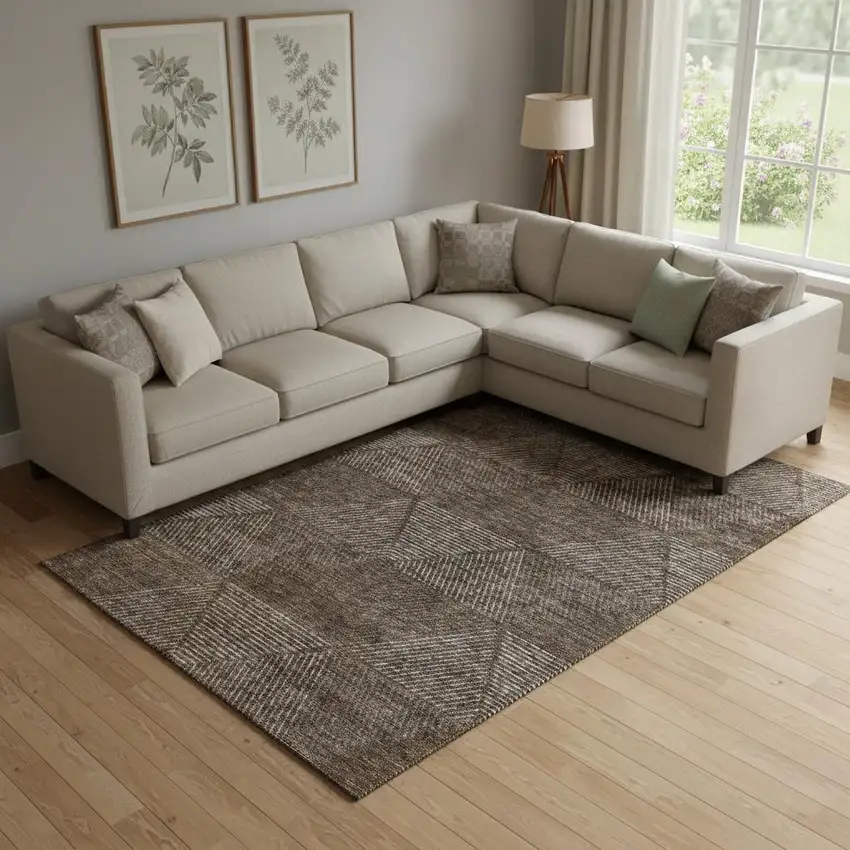 Brown And Taupe Geometric Washable Area Rug With UV Protection Photo 1