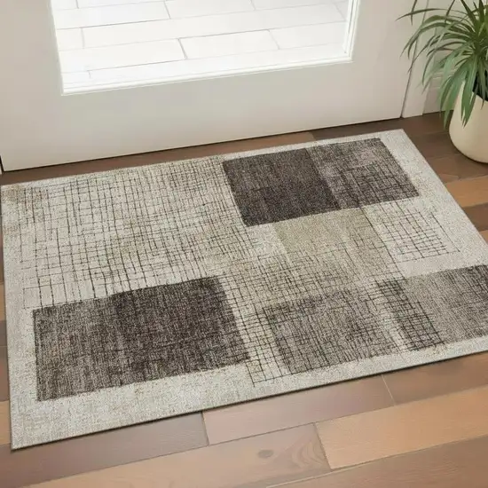Brown And Taupe Geometric Washable Area Rug With UV Protection Photo 2