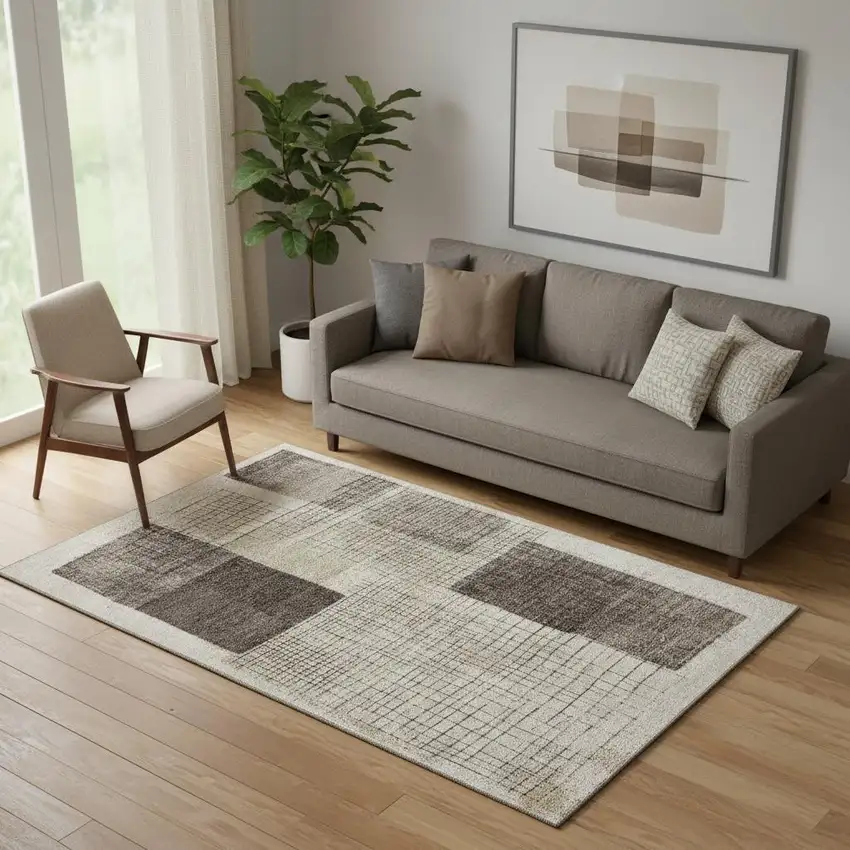 Brown And Taupe Geometric Washable Area Rug With UV Protection Photo 2