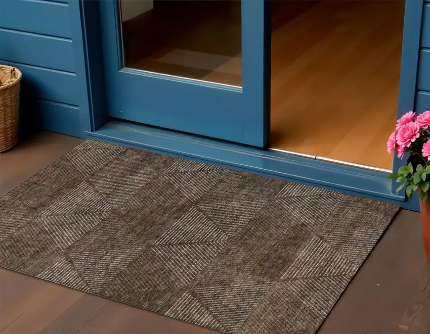 Brown And Taupe Geometric Washable Indoor Outdoor Area Rug Photo 1