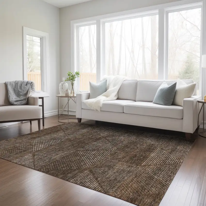 Brown And Taupe Geometric Washable Indoor Outdoor Area Rug Photo 9