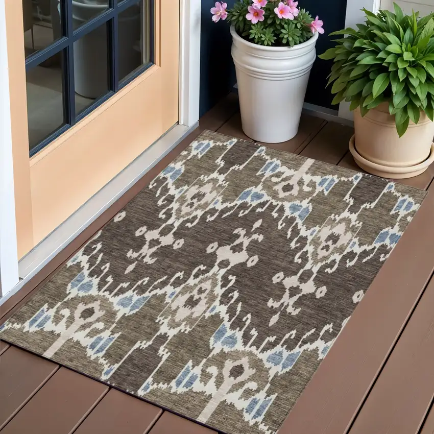 Brown And Taupe Ikat Washable Indoor Outdoor Area Rug Photo 1