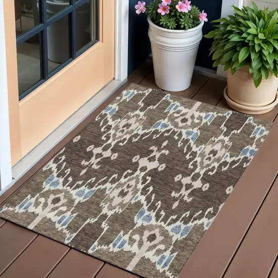 Brown And Taupe Ikat Washable Indoor Outdoor Area Rug Photo 1