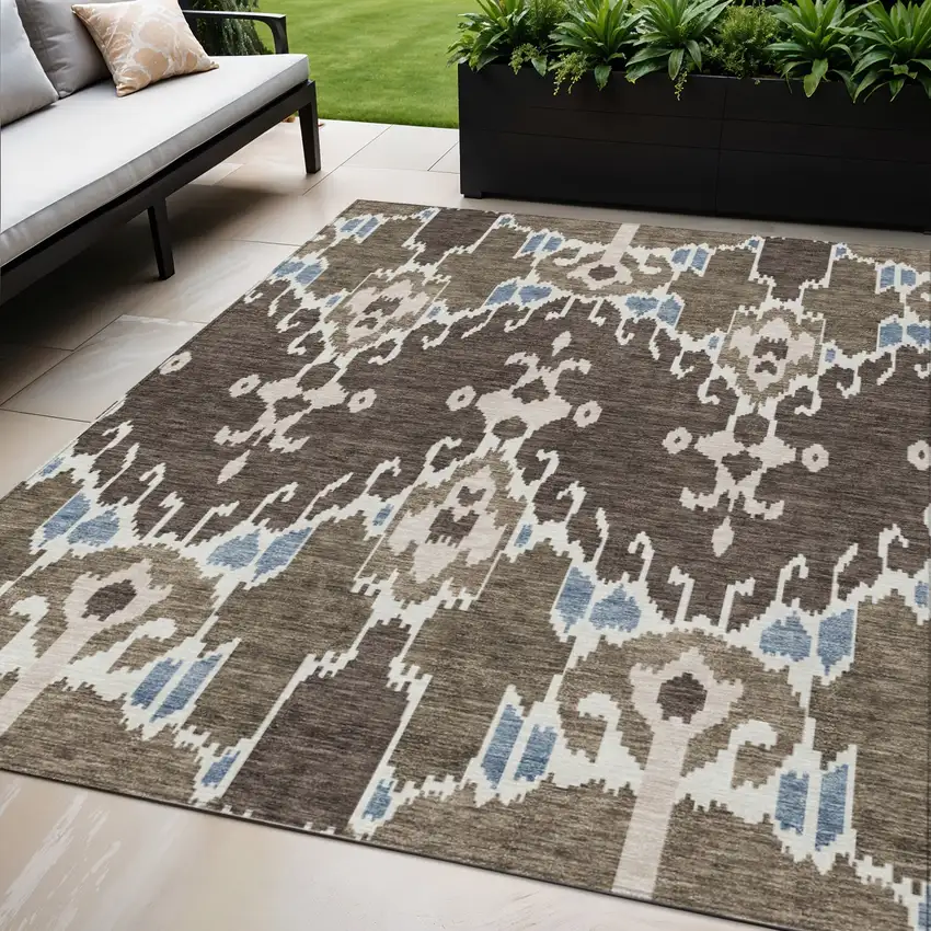 Brown And Taupe Ikat Washable Indoor Outdoor Area Rug Photo 1