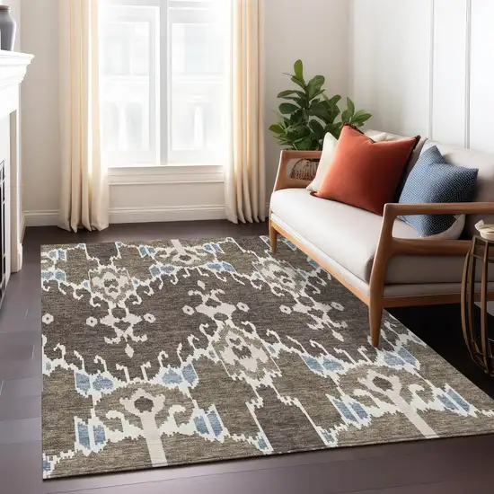 Brown And Taupe Ikat Washable Indoor Outdoor Area Rug Photo 8