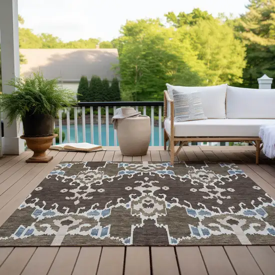 Brown And Taupe Ikat Washable Indoor Outdoor Area Rug Photo 9
