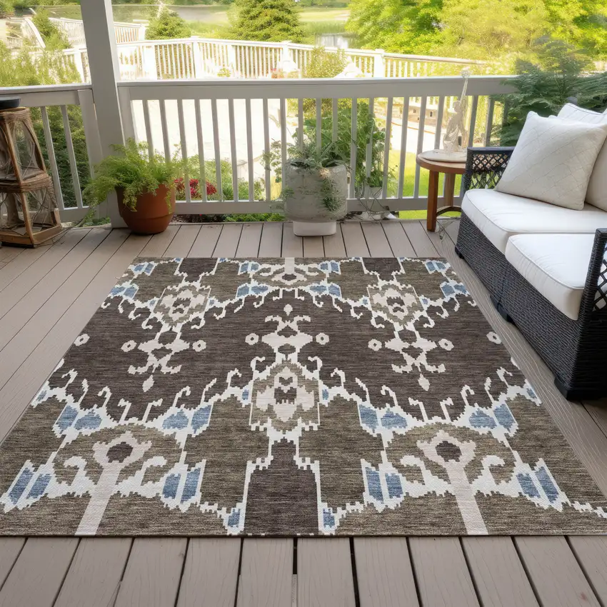 Brown And Taupe Ikat Washable Indoor Outdoor Area Rug Photo 6