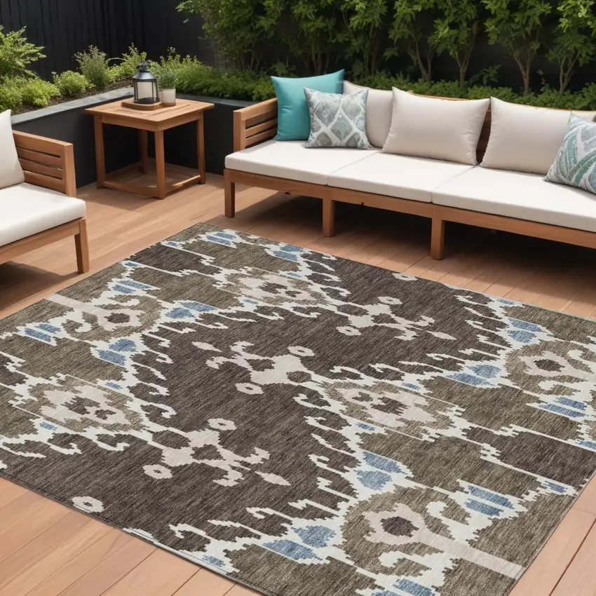 Brown And Taupe Ikat Washable Indoor Outdoor Area Rug Photo 1